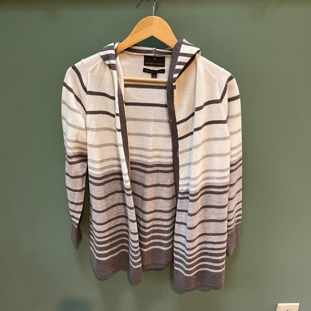 Fenn Wright Manson Striped Hooded Cardigan 100% Extrafine Merino‎ Wool Women's L